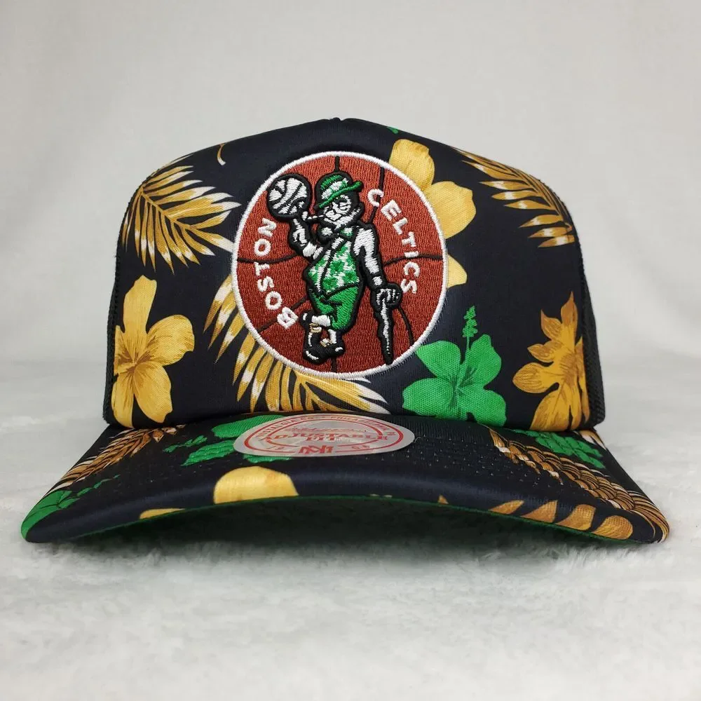 Boston Celtics Mitchell & Ness Trucker Snapback Hat Cap 3D Logo Black Floral NWT